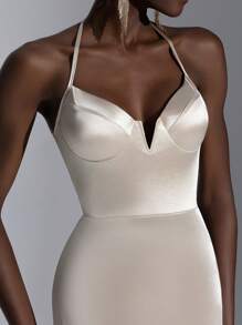 Elitara Elegant And Gorgeous Champagne Color Luxurious Satin Sling Steel Ring V-Neck High Waist Slim Sexy Split Fishtail Skirt Tail Suitable For Dating Single Party Formal Occasion Dinner Dress - Champagne - View 1