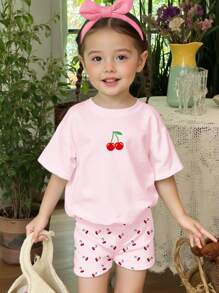 SHEIN Happikins Baby Girl Casual Minimalist Round Neck Short Sleeve T-Shirt & Skinny Shorts 2 Pieces Set, Suitable For Spring/Summer - Multicolor - View 2