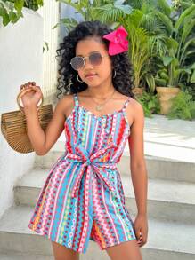 青少年女孩度假风格彩虹几何条纹全印花连体裤（配腰带）