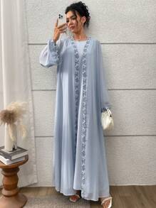 Yasmyna Women's Applique Decor Abaya Long Robe & Dress Suit Arab Style Outfit Modest Dresses For Women - Blue - View 5