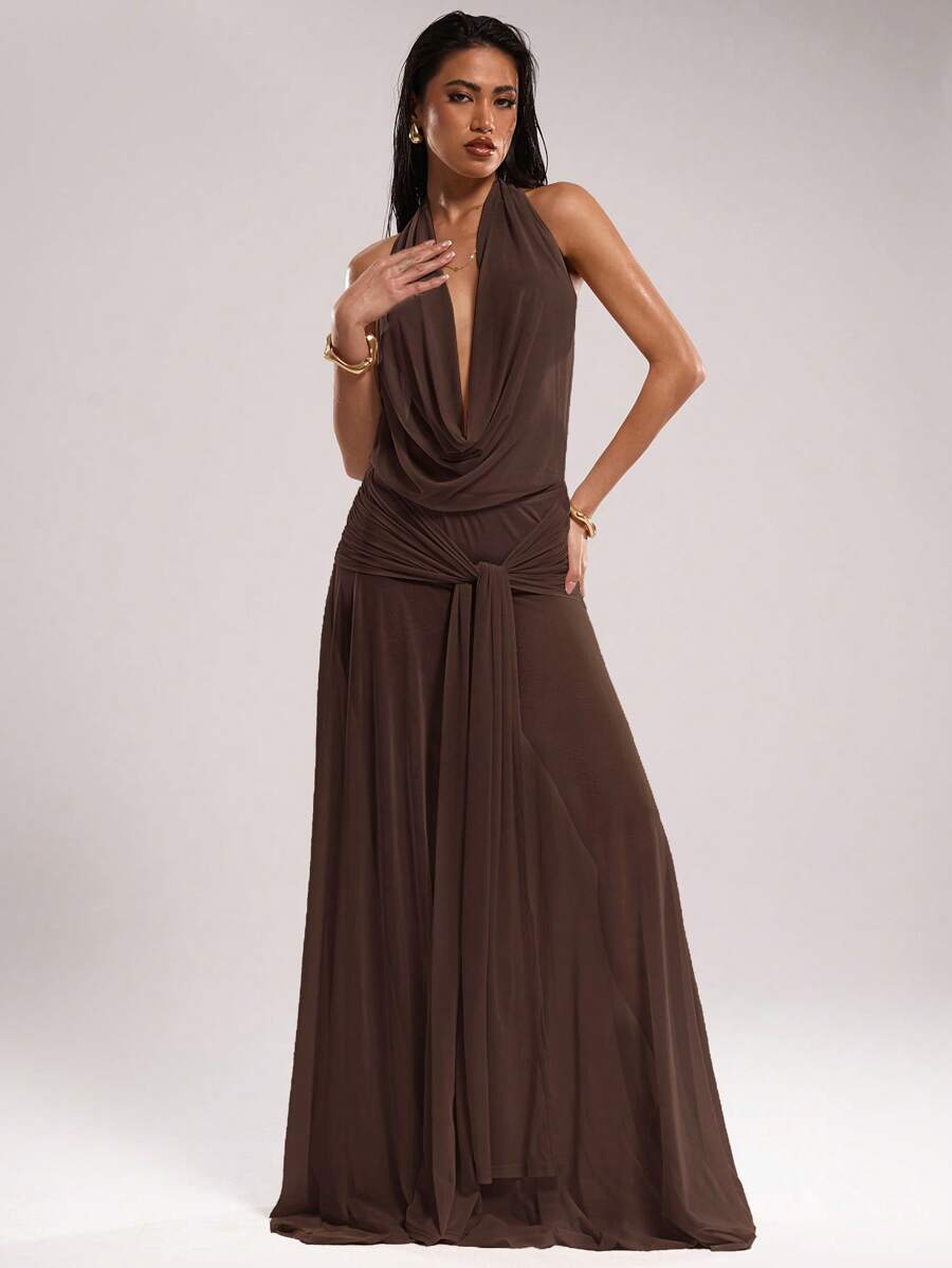 SHEIN BAE 女式纯色露背垂坠领连衣裙 - 棕色 - 查看 1