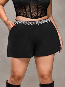 SHEIN ICON Plus Size High Waist Rhinestone Decorated Shorts With Pockets