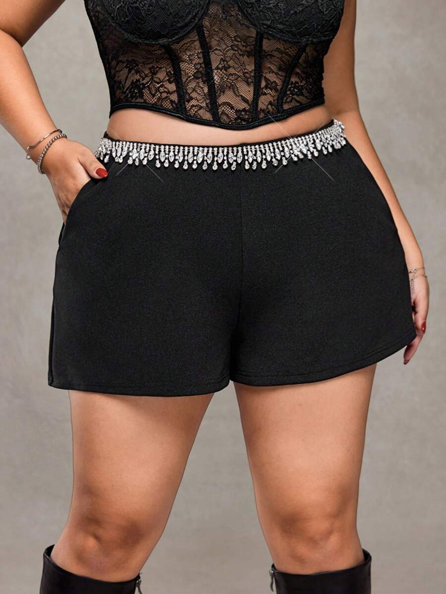 SHEIN ICON Plus Size High Waist Rhinestone Decorated Shorts With Pockets