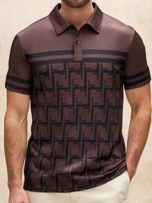 Manfinity Homme Men's Front Button Short Sleeve Printed Casual Polo Shirt - Brown - View 1
