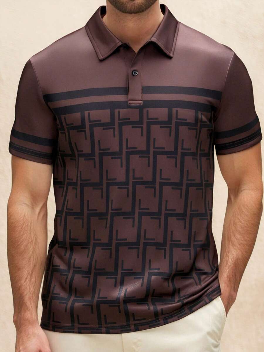 Manfinity Homme Men's Front Button Short Sleeve Printed Casual Polo Shirt - Brown - View 1