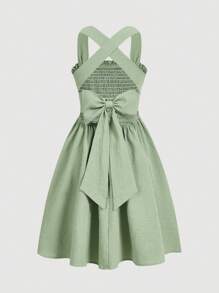 少女露背镂空大蝴蝶结纯绿色纹理面料无袖优雅度假连衣裙 - 綠色 - 查看 12