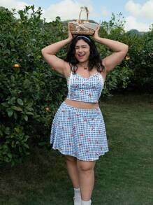 SHEIN MOD Plus Size Women Blue & White Plaid Crop Top With Tie Straps & Short Flared Skirt Set, Vacation Countryside Outfit
