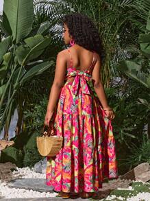 SLAYR Tween Girl Tropical Floral Green Leaf Beach Vacation Patchwork Sleeveless Backless Bow Maxi Dress Mommy And Me Matching Outfits - Hot Pink - View 4
