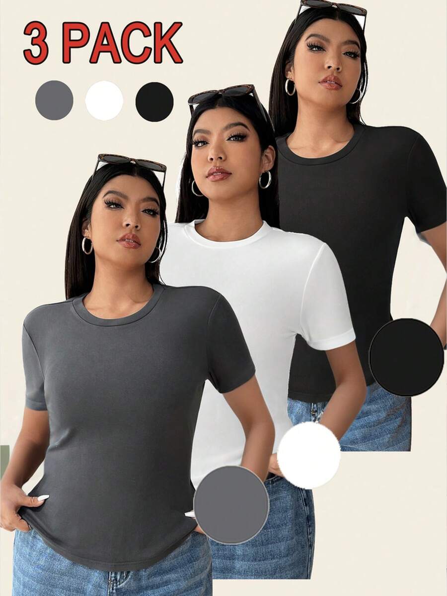 Solflare 3 件/套大码多色圆领短袖 T 恤