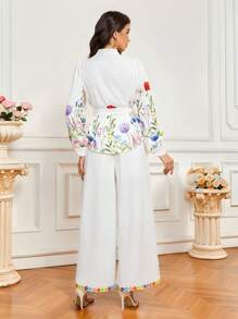 SHEIN 2pcs/Set Women's Simple & Elegant Floral Embroidery Pattern Long Sleeve Blouse And Pants Set