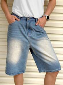 Teen Boy's Washed Denim Casual Shorts, Summer - Medium Wash - View 1