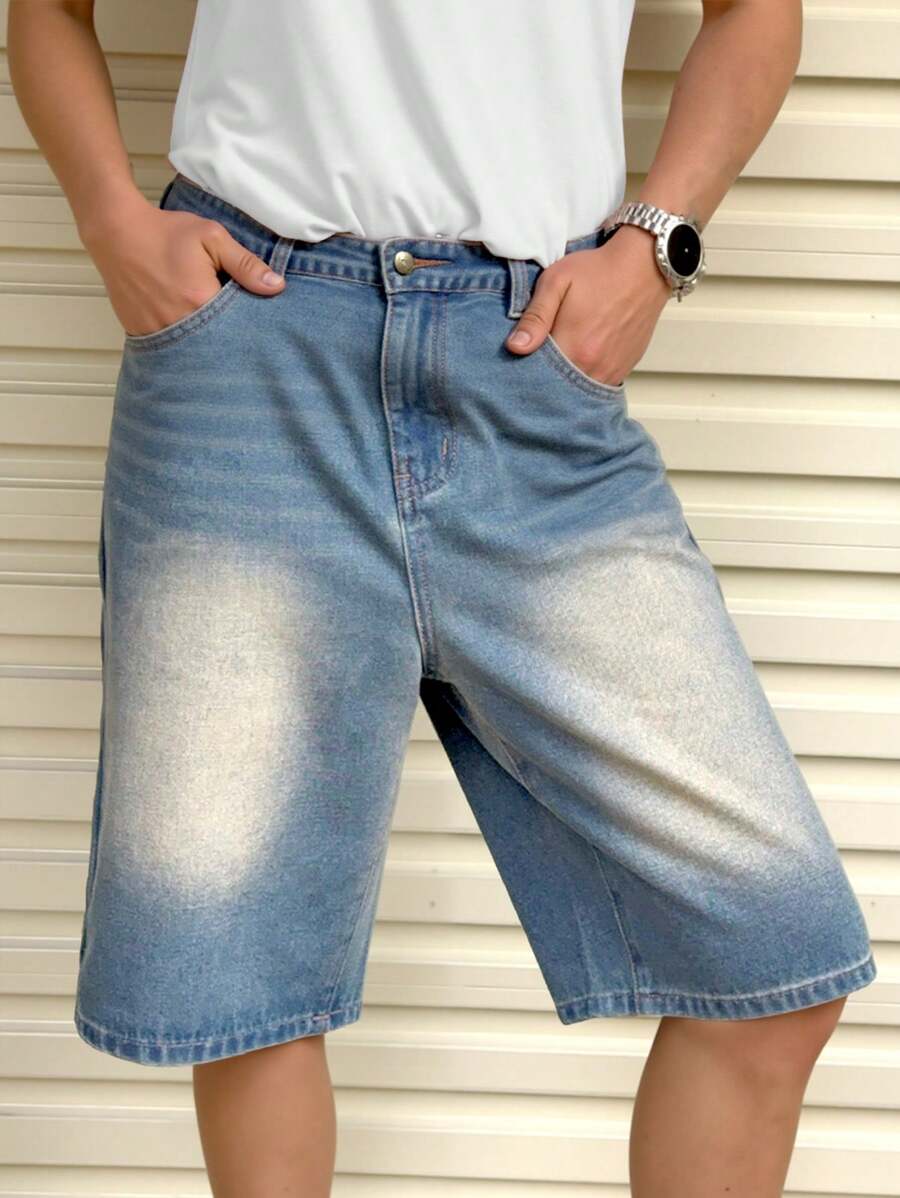 Teen Boy's Washed Denim Casual Shorts, Summer - Medium Wash - View 1