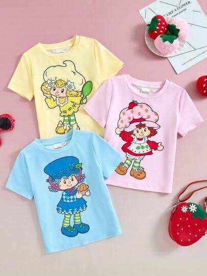 Strawberry Shortcake X SHEIN Camiseta de manga corta con gráfico de dibujos animados linda para niña en rosa, azul, amarillo
