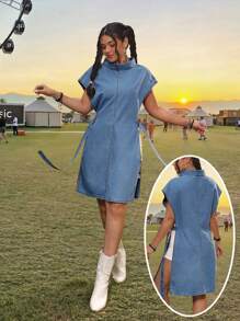 SHEIN PETITE Damen Lässig Jeansbluse, modisch für Sommer Camping, Country Konzert, Cowgirl, Rave, Streetwear für Frauen, Ausgehen Streetwear für Frauen, Petite Frauen - Mittele Waschung - Übersicht 1