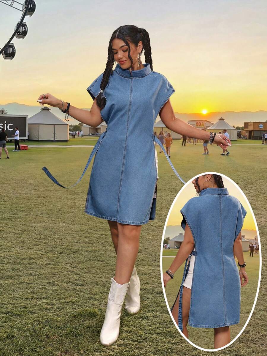SHEIN PETITE Damen Lässig Jeansbluse, modisch für Sommer Camping, Country Konzert, Cowgirl, Rave, Streetwear für Frauen, Ausgehen Streetwear für Frauen, Petite Frauen - Mittele Waschung - Übersicht 1