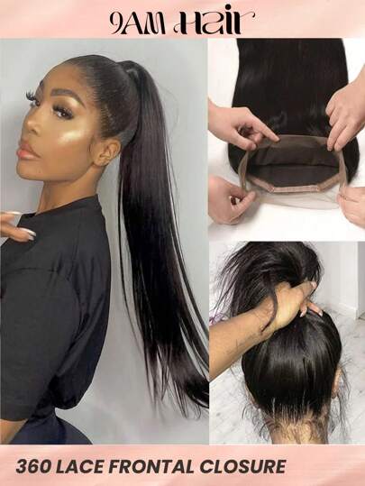 Straight Hair 180% Density 360 Lace Closure Invisible True Single Tiny Knots Silky Straight Human Hair Pre Plucked With Baby Hair For Women Natural Black Color 10-18 Inch