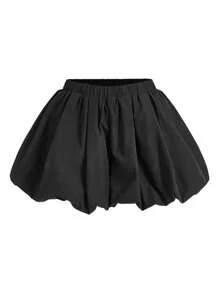 SHEIN PETITE CURVE Women's Solid Color Minimalist Pleated Elastic Waist Shorts, Casual Daily Wear Plus Size Summer Clothes For People Of Shorter Stature - Black - View 5