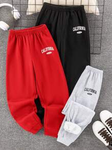 SHEIN 3 件套儿童/青少年男童休闲学院风字母印花抽绳腰部宽松针织运动裤，3 种颜色