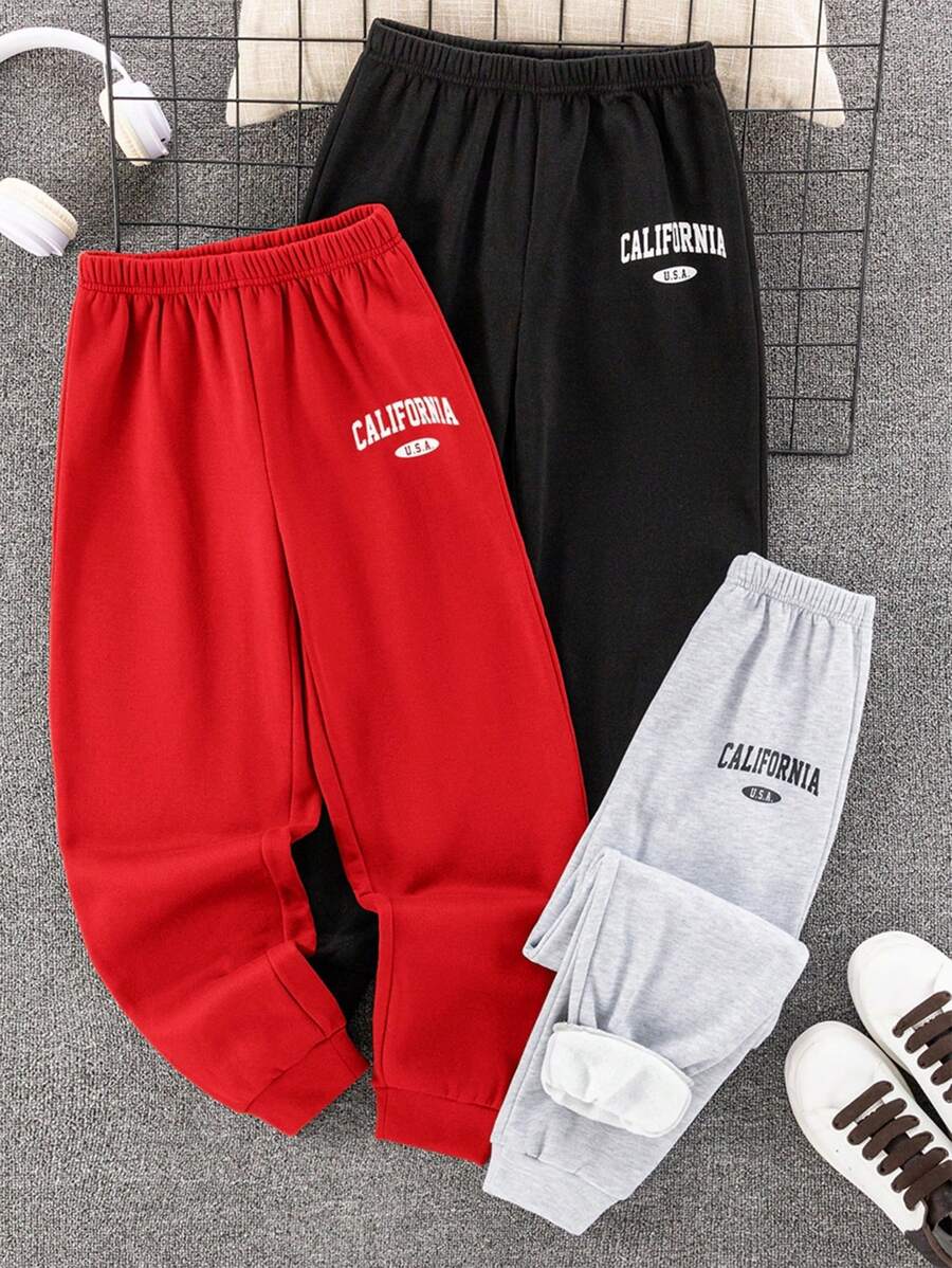 SHEIN 3 件套儿童/青少年男童休闲学院风字母印花抽绳腰部宽松针织运动裤，3 种颜色