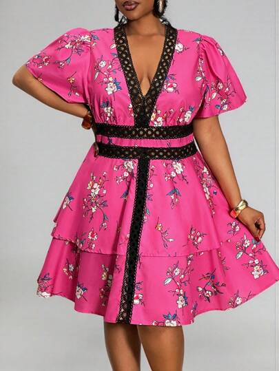 Slaydiva 优雅大码女式镂空印花 V 领收腰分层荷叶边下摆短款度假/约会/外出连衣裙