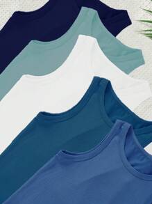 SHEIN 5 قطع / مجموعة ملابس داخلية صبي اللون الأحادي، قمصان أكمام الخصر مناسبة للصيف، بتصميم بسيط وأنيق