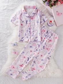 SHEIN 2pcs/Set Girl's Apricot Cherry Print Long Pants & Short Sleeve Casual Loose Homewear Set