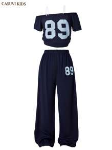 SHEIN Explorewe 2pcs/Set Tween Girls Academy Style Casual Commuter Asymmetrical Shoulder Short Sleeve & Wide Leg Pants Youth Girl Clothes Summer Holiday - Navy Blue - View 3