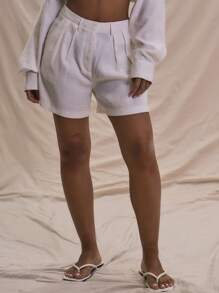 MUSERA Shorts de lino con pliegues y dobladillo vuelto, shorts de verano elegantes y chic