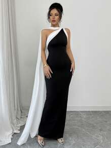 Rafferiza Elegantes Damen Kleid mit Kontrast in Schwarz & Weiß, Elastisch, Mesh-Raffung am Saum, Lang für Frühling/Sommer - Schwarz und Weiss - Übersicht 4