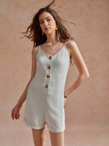 SHEIN Unity Casual Comfortable Versatile Button Decor Strap Beige Linen Jumpsuit For Women, Summer - Khaki - View 3
