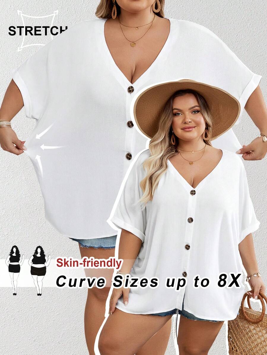 SHEIN CURVE+ Women Plus Size V-Neck Batwing Sleeve Loose Casual Blouse, Summer Top