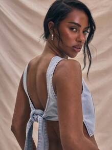 MUSERA Washed Denim Seam Detail Cropped Sleeveless Top Summer Cute Chic Spring - Light Wash - View 4