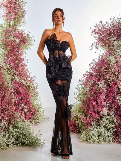 Glamrae Elegant, Glamorous, And Stylish, This Red Polka-Dot Mesh Gown Features Handcrafted 3D Lucky Four-Leaf Clover Embellishments, A V-Neck, Sleeveless Design, And Pleated Details. Suitable For Formal Occasions Such As Weddings, Cocktail Parties, Balls, And Elaborate Evening Gowns.