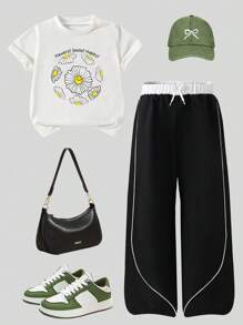 Young Girls Casual Short Sleeve Round Neck T-Shirt And Sports Pants Set, Simple And Fashionable, Suitable For Summer