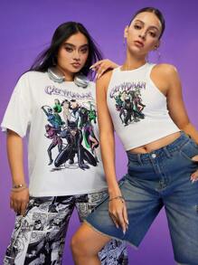 CATWOMAN X SHEIN Traje de talla grande con diseños grandes, camisetas holgadas, mono estampado, pantalones de pierna ancha, bolsillos grandes, estilo cómics estadounidenses, adecuado para ir de compras, blanco, traje de dos piezas CATWOMAN X