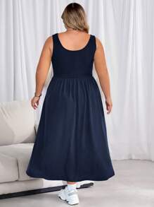 SHEIN CURVE+ Plus Size Women's Solid Color Basic Sleeveless Dressbeach Outfits For Woman/Beach Dress/Beach Vacation Outfits/Beach Essentials / Graduation/Tea Party Dress - Navy Blue - View 2