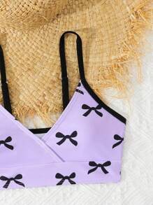 SHEIN 3 Pcs/Set Tween Girl Random Print Tankini Swimwear Set - Purple - View 4