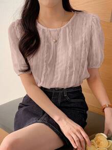 DAZY 女士纹理面料短袖衬衫 - 粉色 - 查看 3