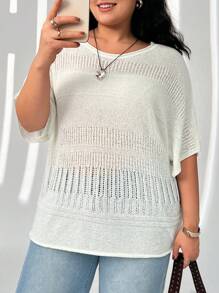 SHEIN EZwear Plus Size White Sheer Knit Sweater - White - View 4