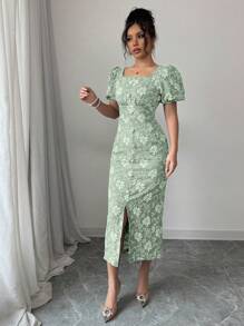 Modelyn Short Sleeve Square Neck Minimalist Dress, Fashionable For Summer - Green - View 5