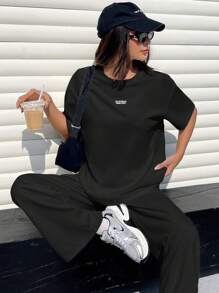 Muchica 女士棉质休闲宽松 T 恤和阔腿裤 2 件套 - 黑色 - 查看 6