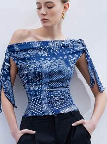 SHEIN Privé Women's Geometric Floral Print Color Block Asymmetrical Neck Bowknot Draped Ruched Waist Blouse, Commuting Style - Multicolor - View 3