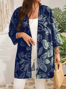EMERY ROSE Áo khoác Boho tay 3/4 in họa tiết xanh đầu xuân cỡ lớn cho nữ - Màu xanh hải quân - Xem 2