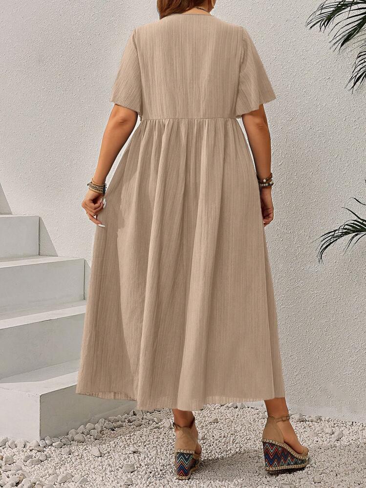 EMERY ROSE 大码女式早春 V 领蝙蝠袖短袖褶皱休闲连衣裙 - 卡其色 - 查看 2