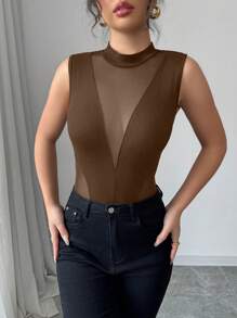 Chiquease New European & American Fashion Round Neck Stylish Mesh Patchwork Sleeveless Bodysuit For Women, Random Floral Print