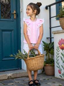 SHEIN Summer Retro Ruffled Pink Short Sleeve Blouse And Floral Print Shorts Set For Young Girls - Maroon - View 1