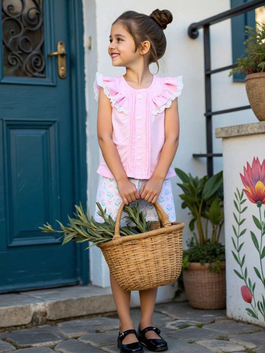 SHEIN Summer Retro Ruffled Pink Short Sleeve Blouse And Floral Print Shorts Set For Young Girls - Maroon - View 1