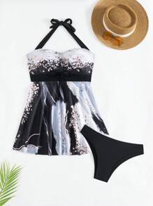 SHEIN 2pcs Summer Spaghetti Strap Crop Top With Drawstring And High Cut Bottoms Elegant Bikini Set - Multicolor - View 3