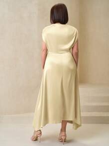 SHEIN Clasi Vestido asimétrico de mujer talla grande de primavera, con hombros recogidos en satén, elegante y con estilo