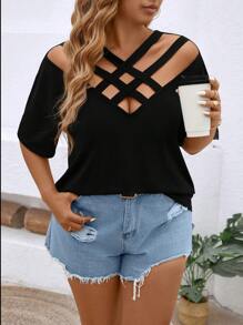 Camiseta minimalista de talla grande con mangas cortas y tiras cruzadas en unicolor, adecuada para el verano - Negro - Ver 6